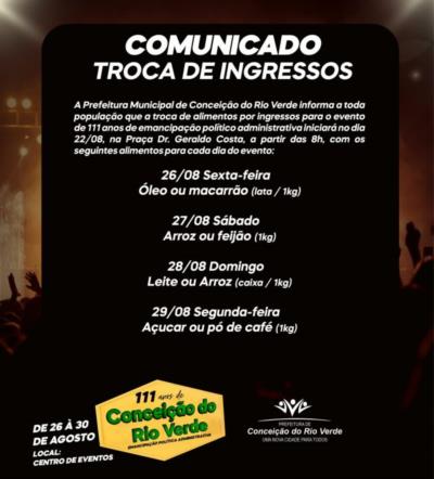 TROCA DE INGRESSOS-GARANTA SEU PASSAPORTE E FESTEJE OS 111º ANOS DE CONCEIÇÃO DO RIO VERDE