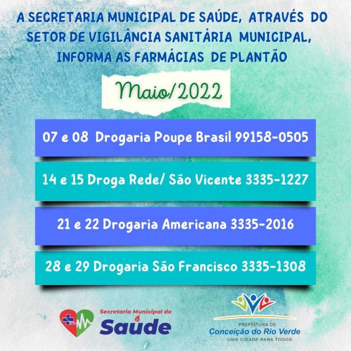 FARMÁCIAS DE PLANTÃO MÊS DE MAIO 2022