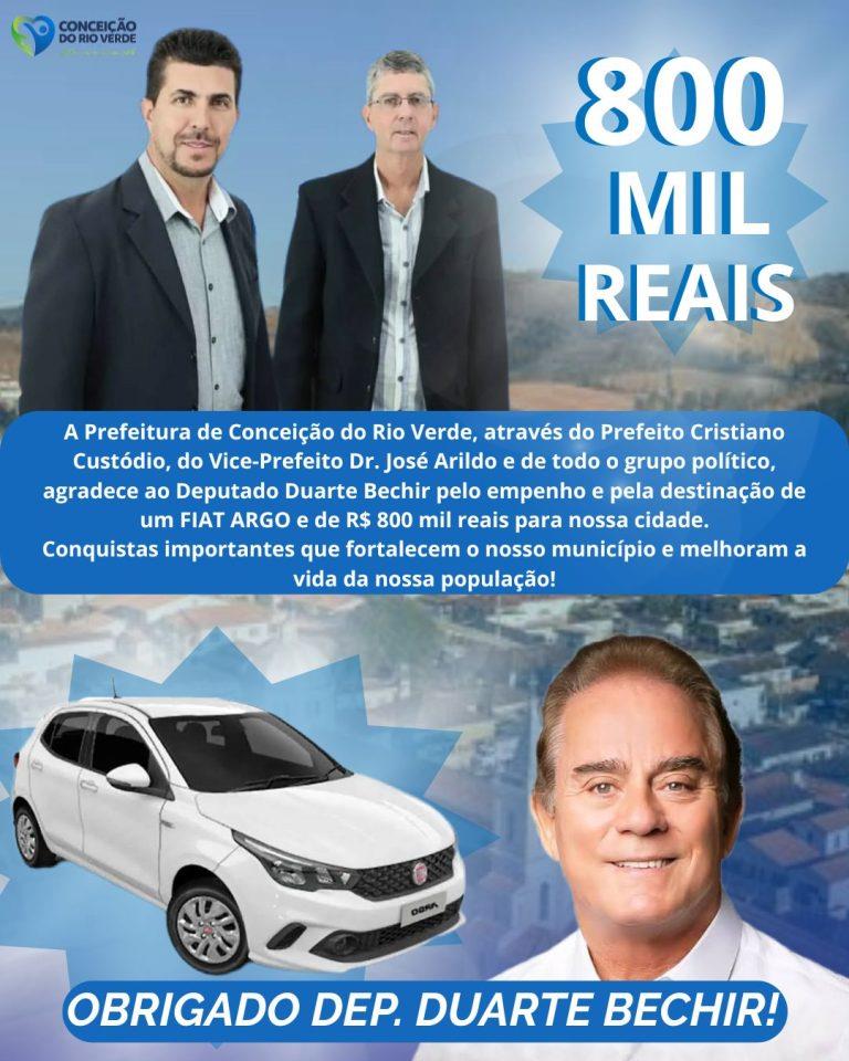 800 MIL REAIS E 1 FIAT ARGO PARA NOSSA CIDADE, OBRIGADO DEPUTADO DUARTE BECHIR