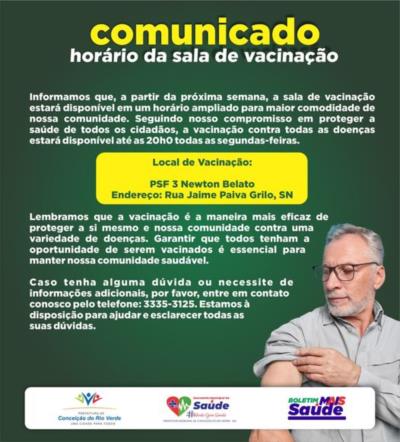 COMUNICADO: HORÁRIO AMPLIADO DA SALA DE VACINAÇÃO