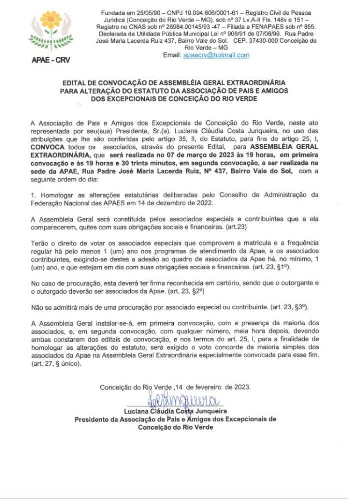 EDITAL DE CONVOCAÇÃO DE ASSEMBLEIA GERAL EXTRAORDINÁRIA PARA ALTERAÇÃO DO ESTATUTO DA ASSOCIAÇÃO DE PAIS E AMIGOS DOS EXCEPCIONAIS DE CONCEIÇÃO DO RIO VERDE