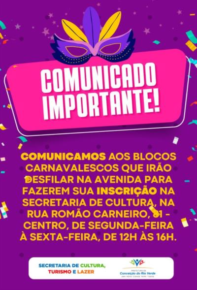 Prefeitura abre inscrições para blocos de Carnaval de 2023 em Conceição do Rio Verde